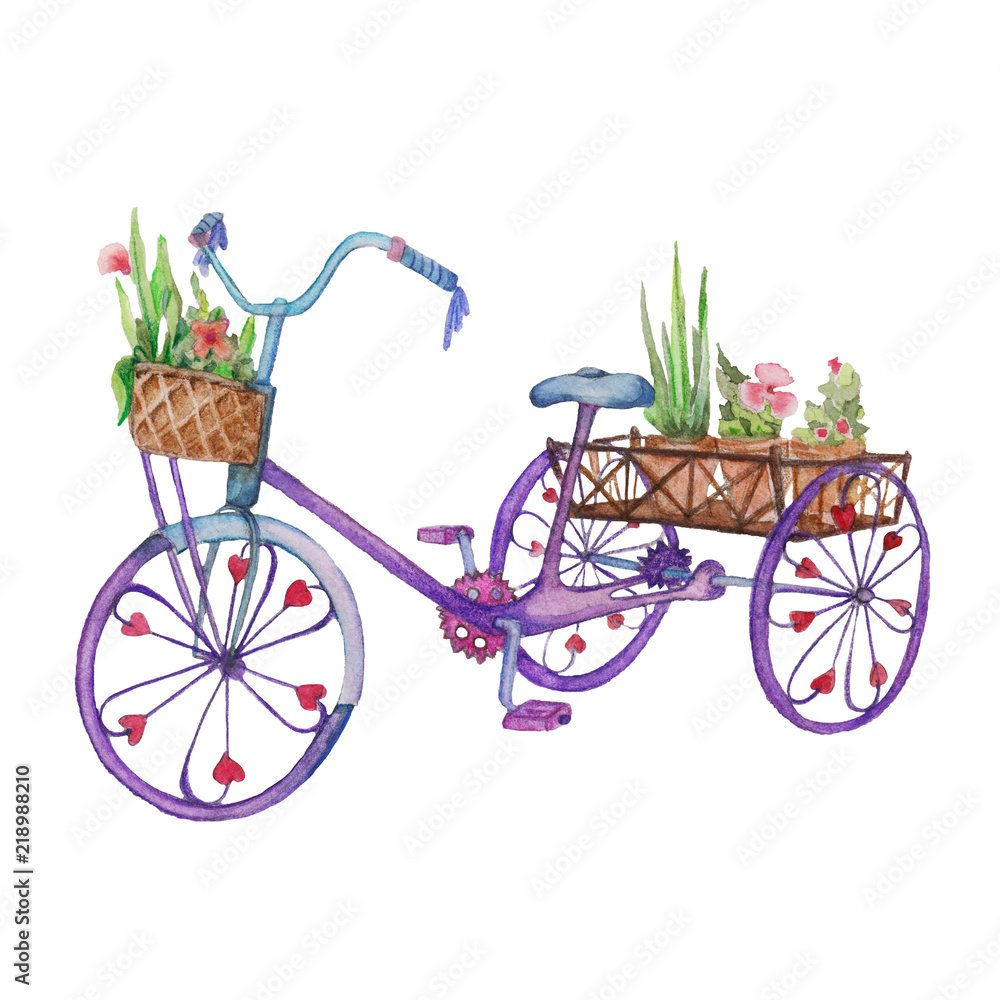 Watercolor work bike decorated with flowers
