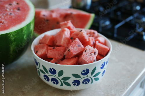 Pieces of watermelon in a large bowl.