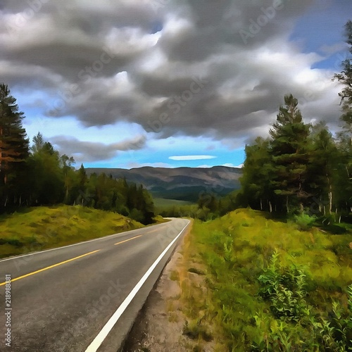 Hand drawing watercolor art on canvas. Artistic big print. Original modern painting. Acrylic dry brush background. Beautiful summer landscape. Asphalt road along the forest.    