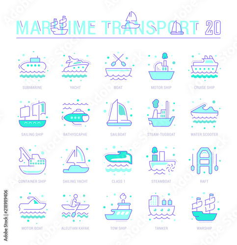 Set Blue Line Icons of Maritime Transport