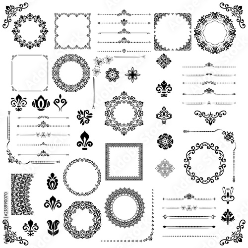 Vintage set of horizontal, square and round elements. Different elements for decoration design, frames, cards, menus, backgrounds and monograms. Classic patterns. Set of vintage monochrome patterns