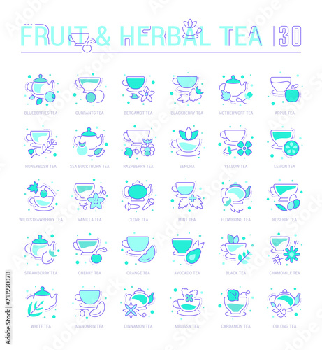 Set Blue Line Icons of Fruit and Herbal Tea