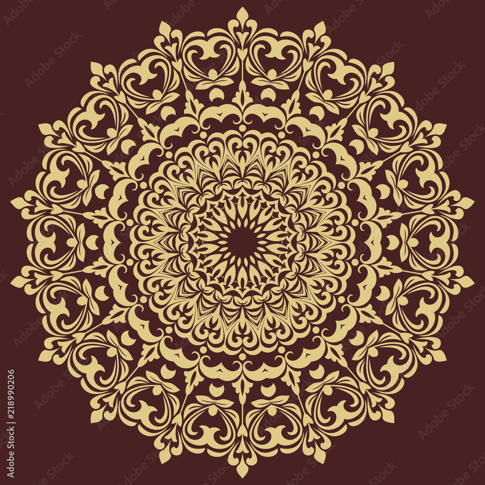Oriental round pattern with golden arabesques and floral elements. Traditional classic ornament. Vintage pattern with arabesques