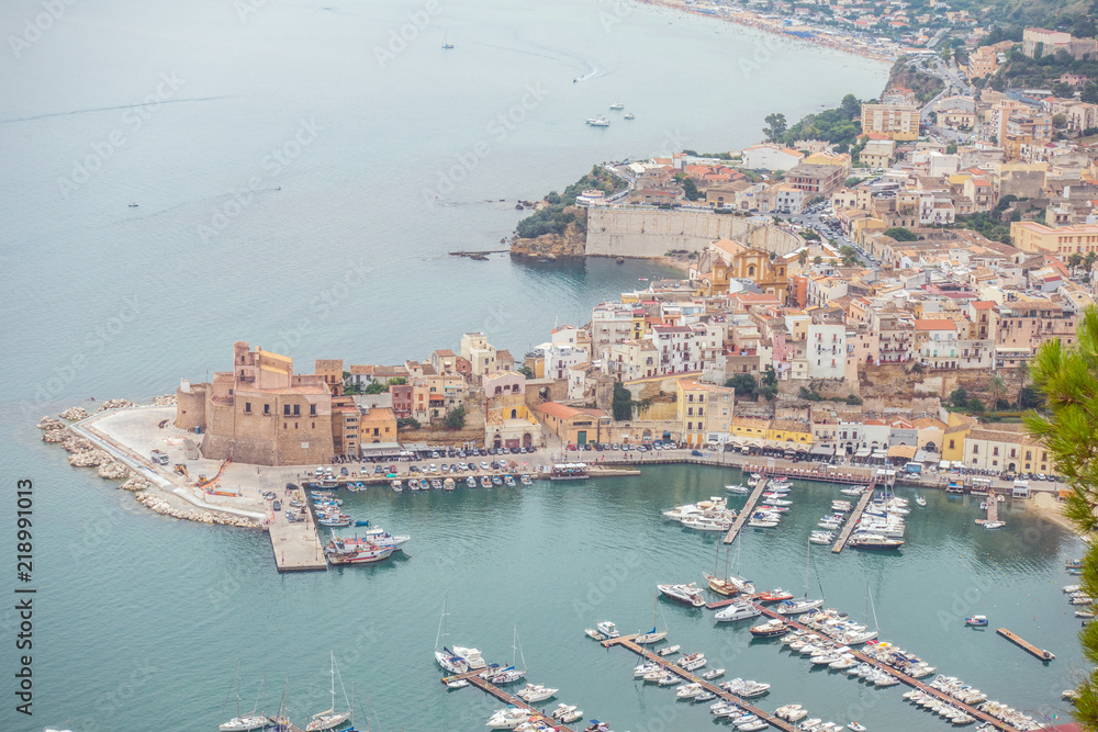 Aerial view of the colorful city of Castellamare del Golfo, Sicily, Italy