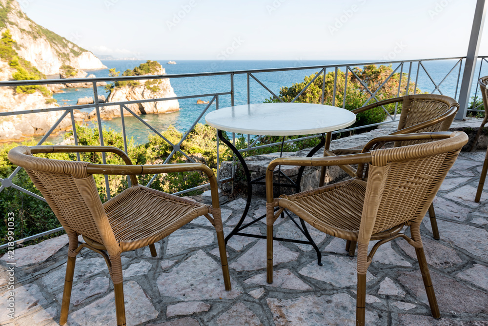 Fototapeta premium Beautiful patio with a sea view near Parga, Greece, Ionian Sea