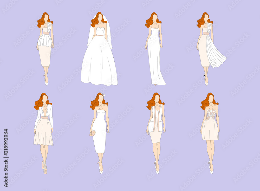 Wedding dresses in Different styles. Vector illustration.. Wedding dresses in Different styles. Vector illustration..
