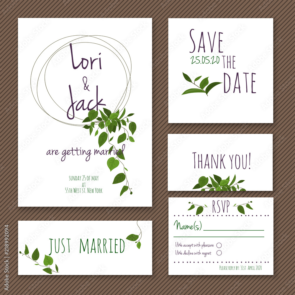 Wedding invitation card set. Thank you, save the date, RSVP, just married.