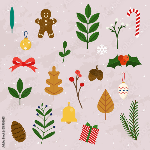 Winter leaves and christmas items, elements and decorations set. Flat design modern vector illustration concept.