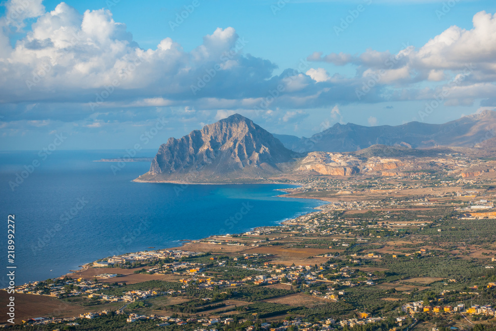 Beautiful panoramic view from Erice  at Mediterranean sea and Monte Cofano, Sicily, Italy