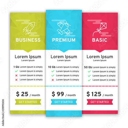 Price table for websites and applications. Template of tariffs. Vector illustration
