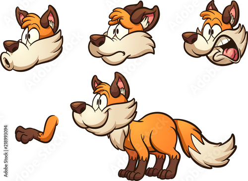 Cartoon fox with different expressions. Vector clip art illustration with simple gradients. Some elements on separate layers. 