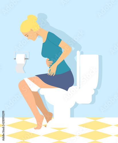 Woman is sitting on the toilet. urinary bladder problem or or sickness concept. stomach-ache woman