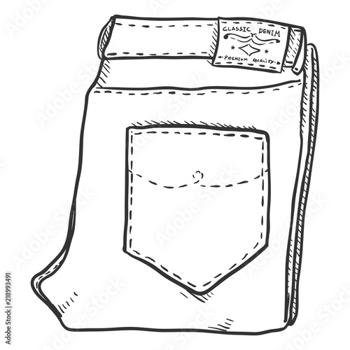 Vector Sketch Illustration - Folded Denim Jeans on White Background