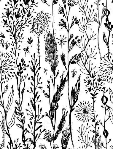 Seamless trendy pattern with black grass and flowers. Vector illustration. de...