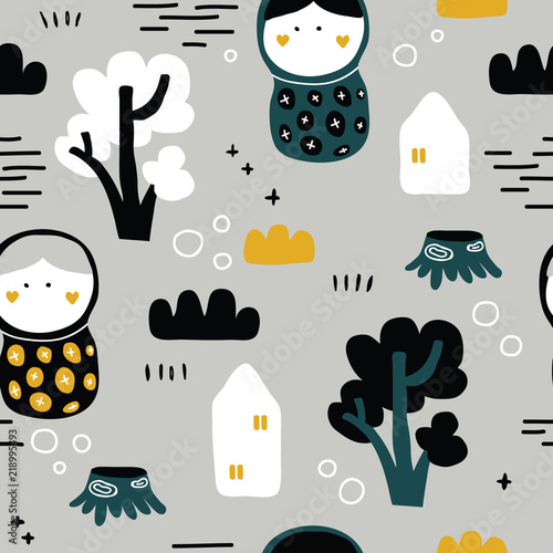 vector seamless background patterns in Scandinavian style,cartoon cute nesing doll characters  and elements for fabric design, wrapping paper, notebooks covers photo