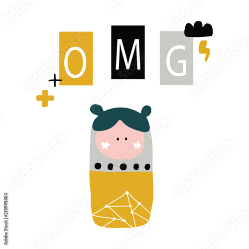 vector illustration of beautiful nesting doll print in Scandinavian style,with ornate funny lettering and cute characters,objects