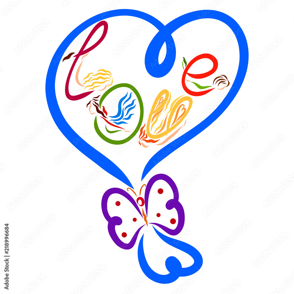 Balloon heart shaped with a bow in the form of a butterfly and the word LOVE from flying women Balloon heart shaped with a bow in the form of a butterfly and the word LOVE from flying women
