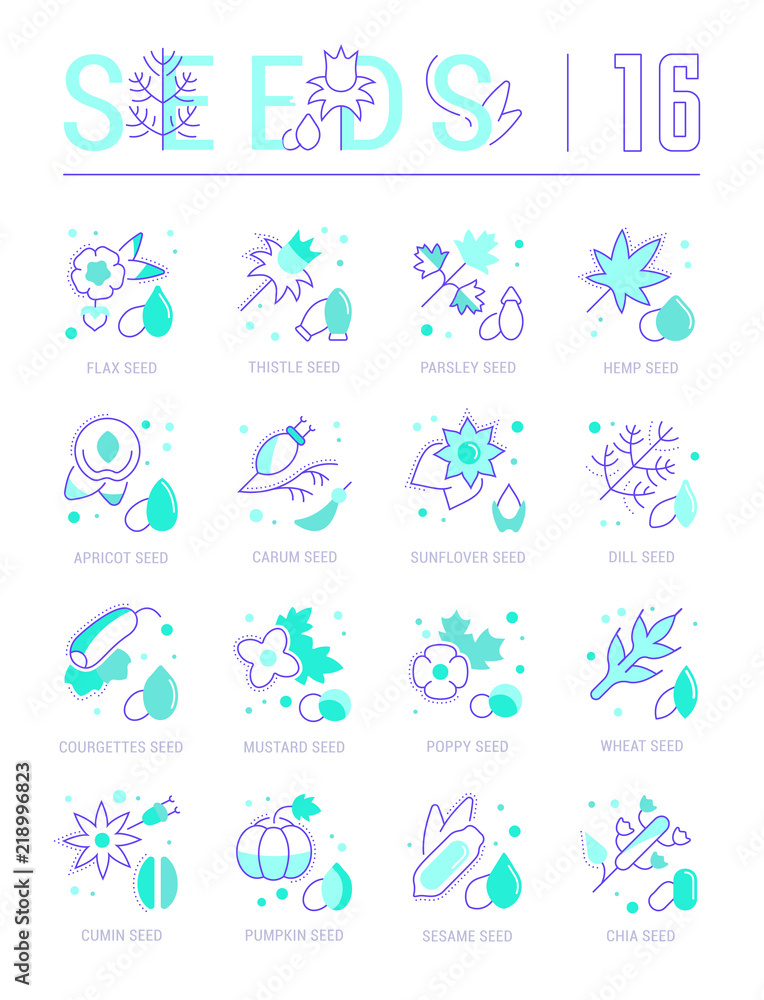 Set Blue Line Icons of Seeds Set Blue Line Icons of Seeds