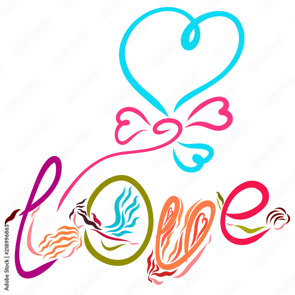 Fototapeta premium Beautiful lady with wings, the word LOVE and a balloon in the shape of a heart