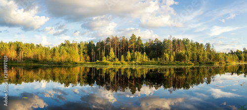 Панорама летнего вечернего пейзаж на Уральском озере с соснами на берегу, Россия, август
