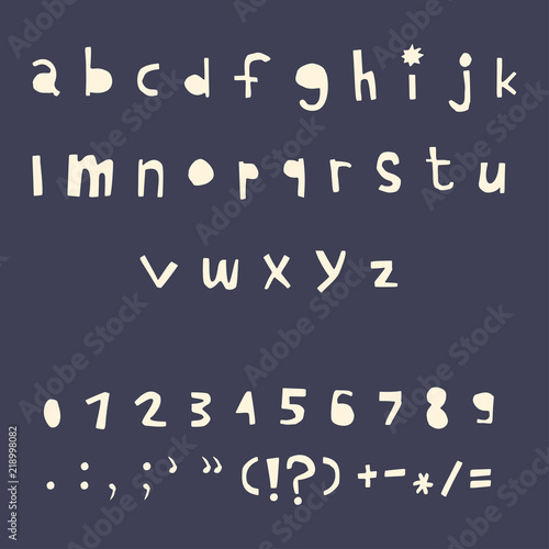 Carved alphabet number and punctuation marks. Rustic font. Vector ABC