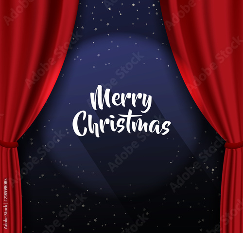 Merry Christmas with many snowflakes on red curtain background.