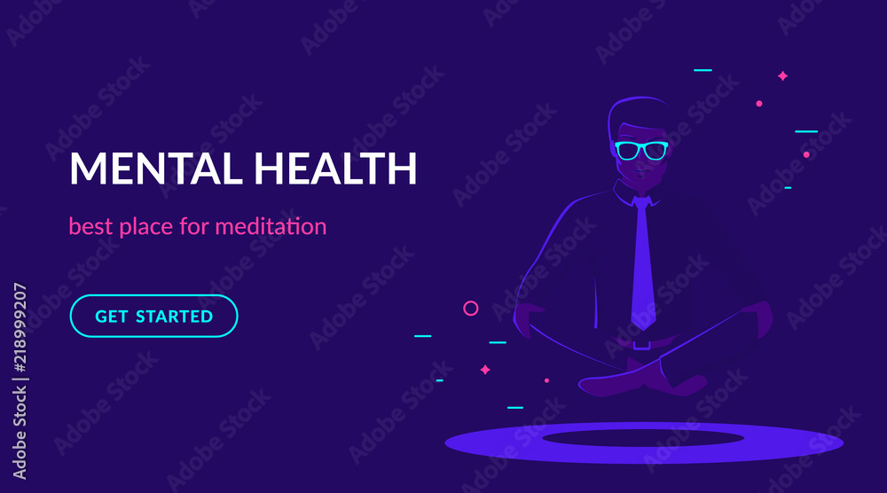 Office man sitting in calm lotus pose and meditating. Flat vector neon website template and landing page design of young people doing meditation and thinking about mindfulness after hard working day