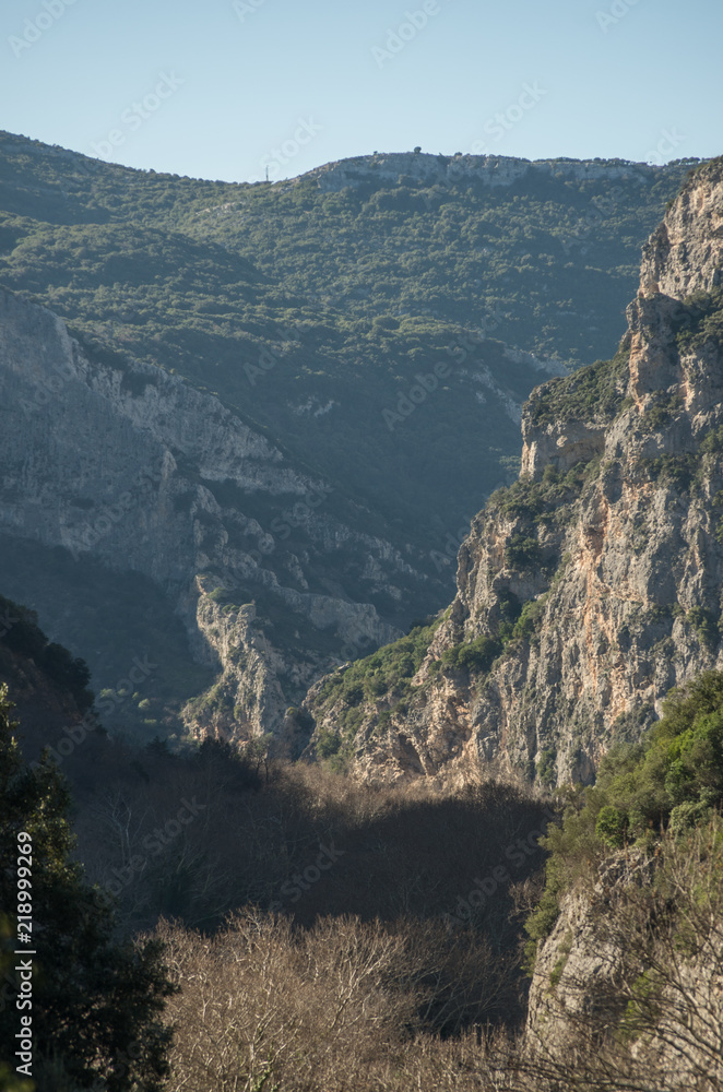 Canyon of the river Pinios with cliffs on its banks at sunny winter day In the valley of Tempi in Larissa, Greece