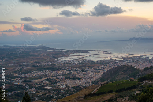 Beautiful panoramic view from Erice at Trapani and Egadi Islands , Sicily, Italy © Wead