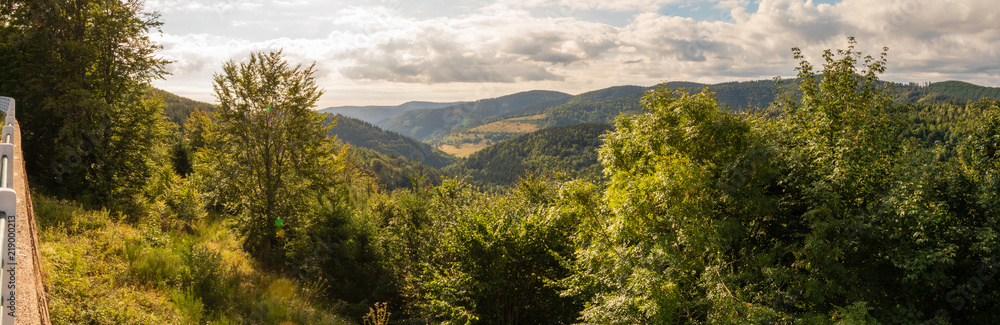 Fototapeta premium Vallée vosgienne vu depuis le hameau du Climont, commune française et montagne, Alsace, Vosges, France