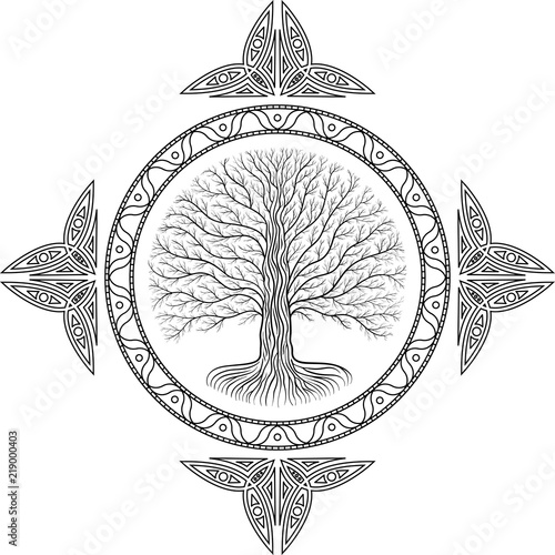 Druidic Yggdrasil tree, round gothic logo. ancient book style