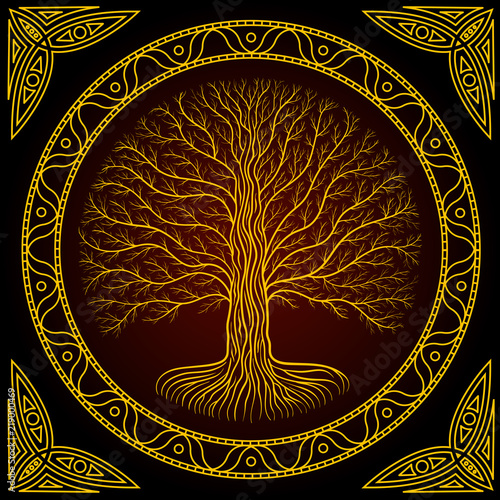 Druidic Yggdrasil tree, round dark gothic logo. ancient book style photo