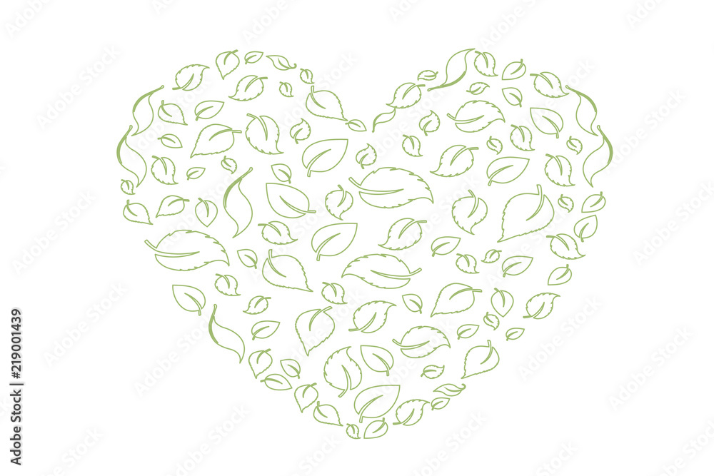 Fototapeta premium Heart symbol in green leaves. Vector. eco bio leaves in heart love green icon on white background.