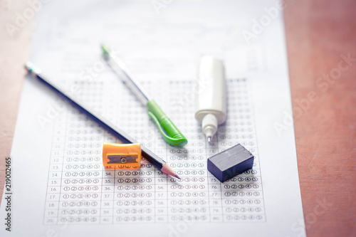 stationary or school object on table for examination in classroom
