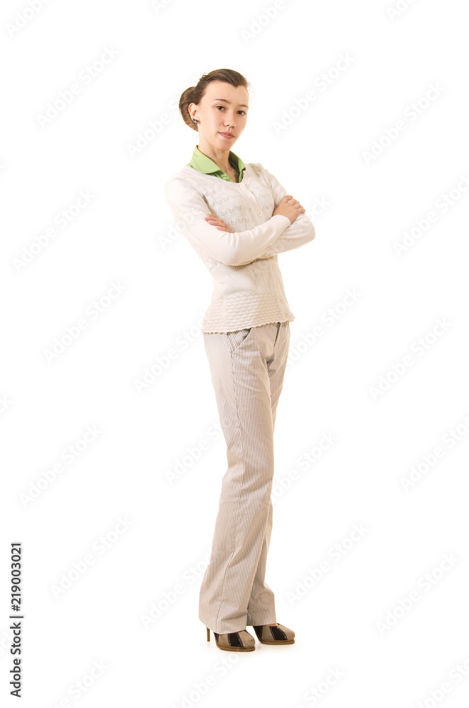 Emotions of a beautiful girl with long hair, in a white jacket posing in Studio on a white background. Emotions of a beautiful girl with long hair, in a white jacket posing in Studio on a white background.