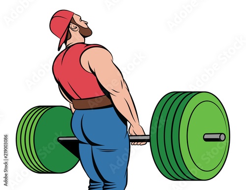 Vector colorful illustration of a young muscular guy. The weightlifter trains with a weight. Fitness coach with a dumbbells isolated from white background. Element design for flyer or logo of the gym