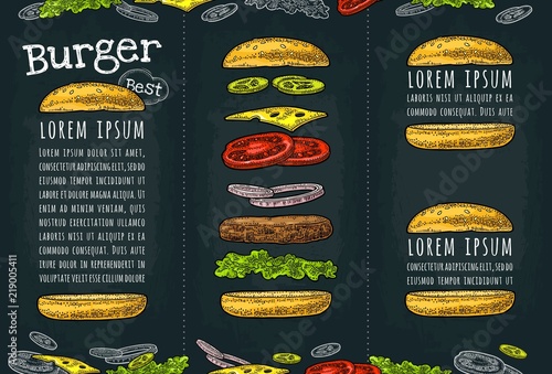 Burger with flying ingredients on white background. Vector black vintage engraving