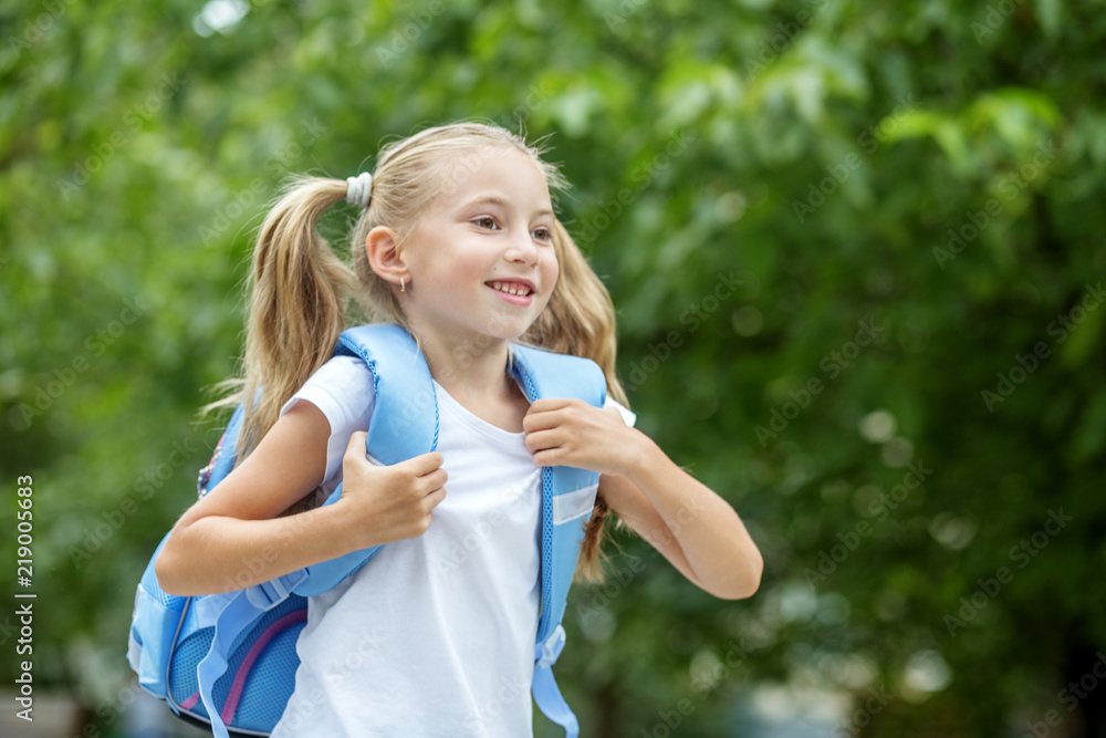 The little girl is in a hurry to study. The concept of school, study, education, friendship, childhood The little girl is in a hurry to study. The concept of school, study, education, friendship, childhood