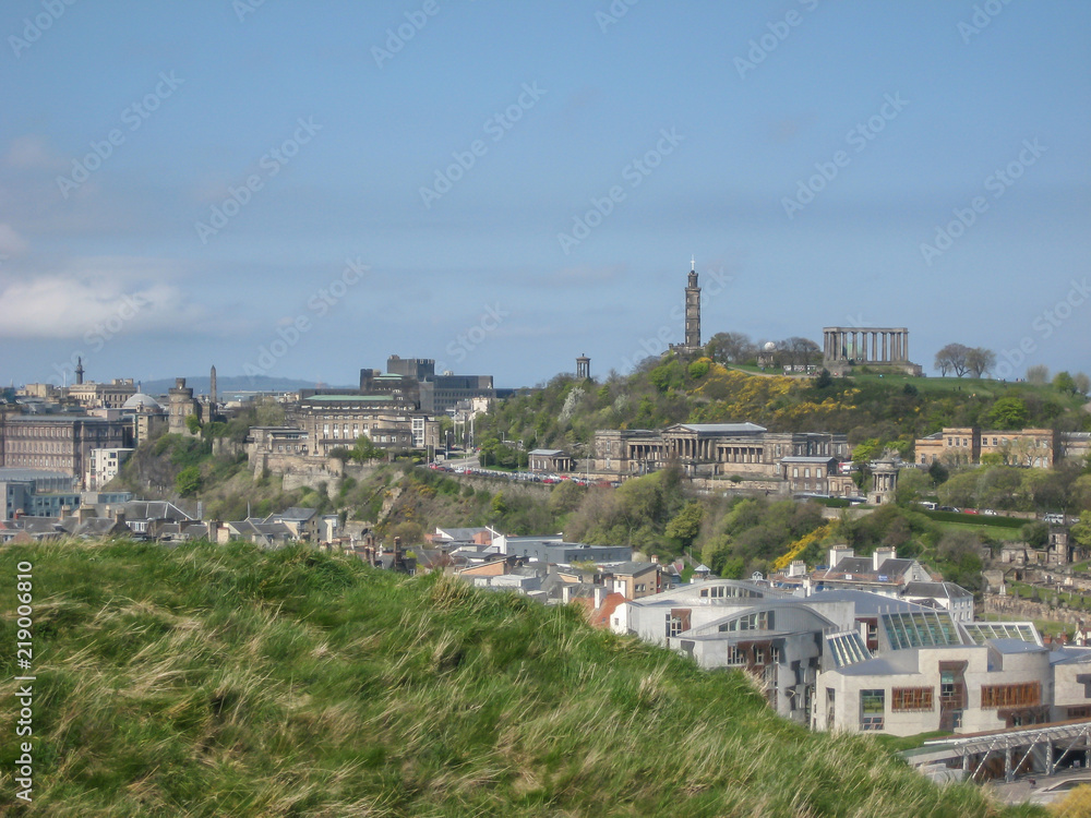 Panoramic view of Calton Hill, general view of monuments on background, in Edinburgh