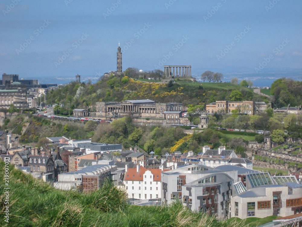 Panoramic view of Calton Hill, general view of monuments on background, in Edinburgh