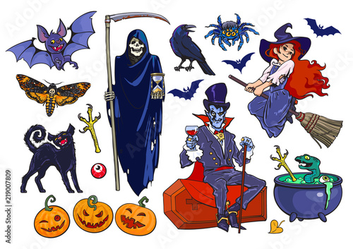 Big set of Halloween cartoon characters and objects. Hand drawn vector.