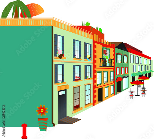 Colourful buildings with parasols
