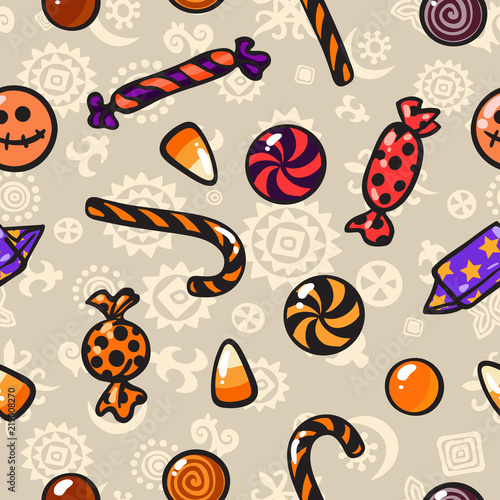 Halloween seamless pattern with cartoon candies. Vector