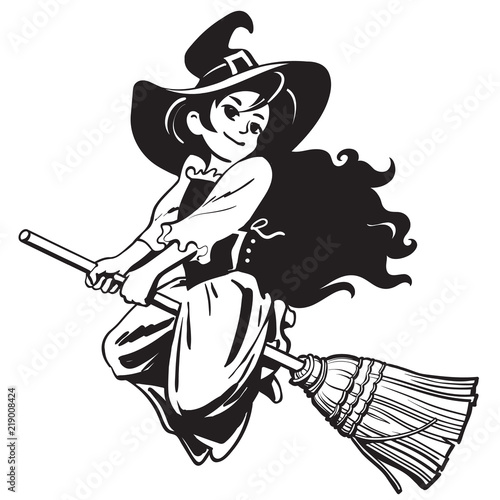 Sketch of cute young Halloween witch flying on the broom stick. Vector.