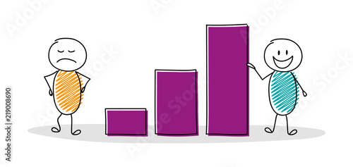 Happy cartoon businessmen holding column graph. Vector.