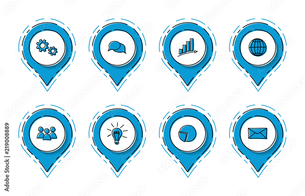 Hand drawn icons with business elements. Vector.