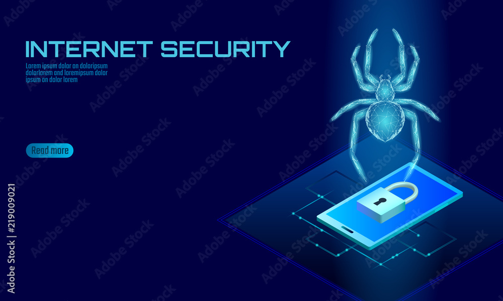 Isometric 3D spider hacker attack danger. Web security virus data safety antivirus concept. Smartphone lock design business concept. Cyber crime web insect bug technology vector illustration Isometric 3D spider hacker attack danger. Web security virus data safety antivirus concept. Smartphone lock design business concept. Cyber crime web insect bug technology vector illustration
