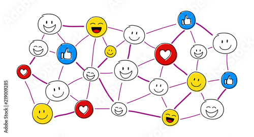 Concept of social media network with funny emoji. Vector.