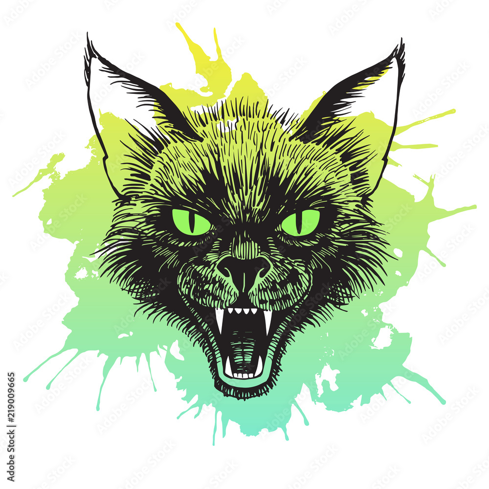 Cat s Head Realistic Hand Drawn Halloween Horror Illustration Scary
