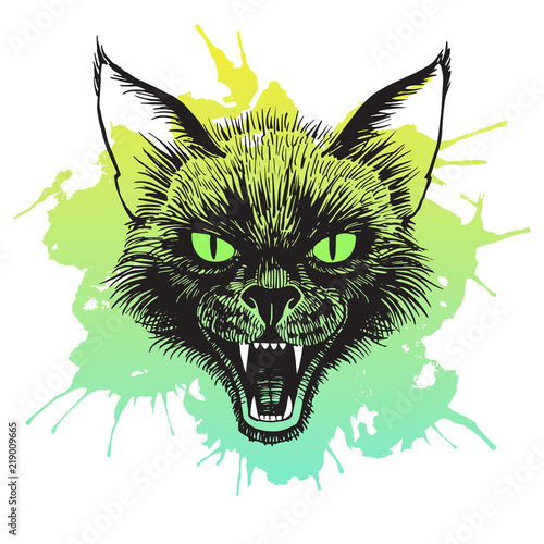 Cat's head realistic hand drawn Halloween, horror illustration. Scary black cat with open mouth and bared fangs. Ink drawing with colorful blot. Grinning cat's muzzle with grunge splash. Tattoo design
